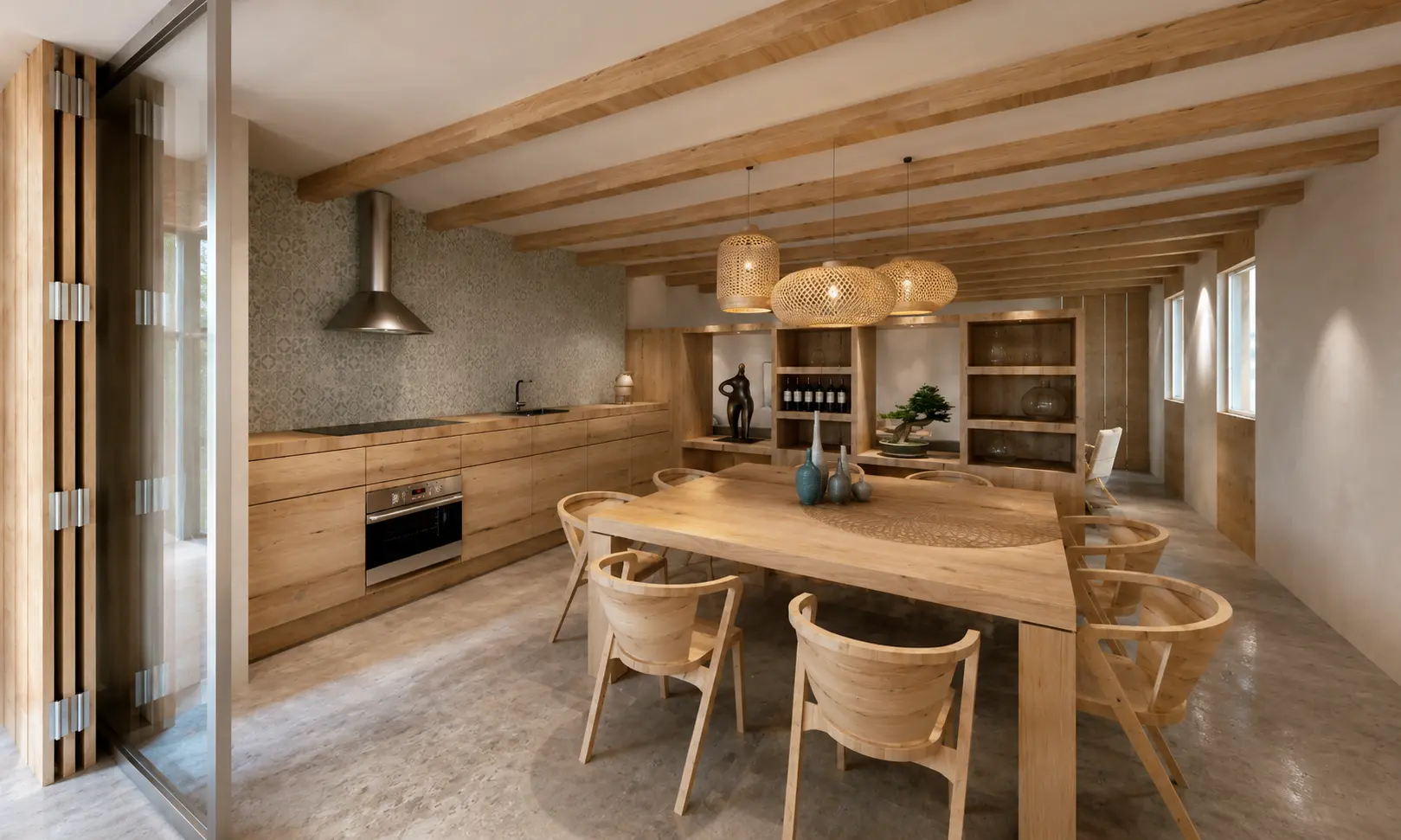 Interior del salón comedor y cocina con carpinterías, mobiliario y vigas de madera