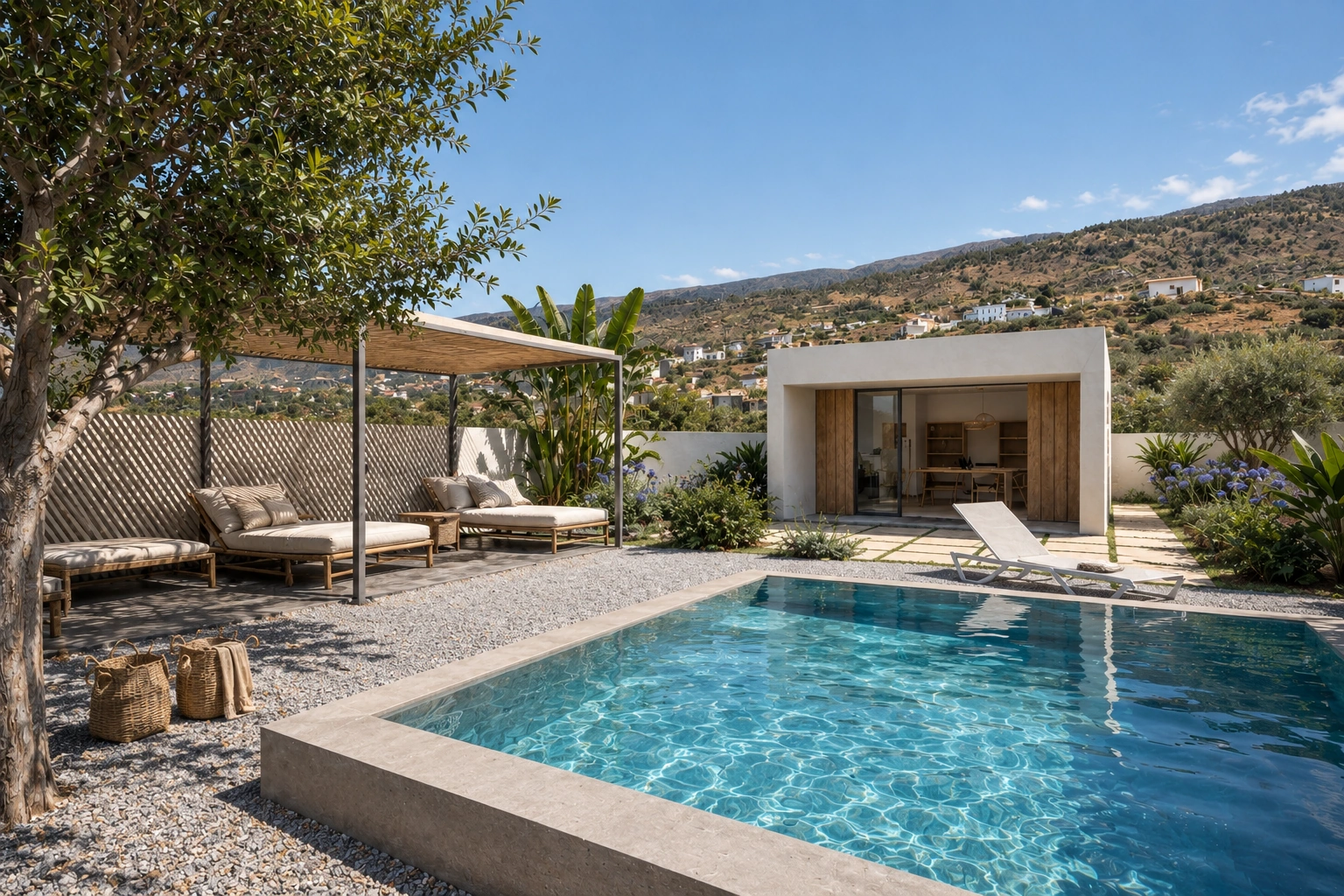 Vista de la piscina y la zona de estancia exterior frente al salón comedor y cocina