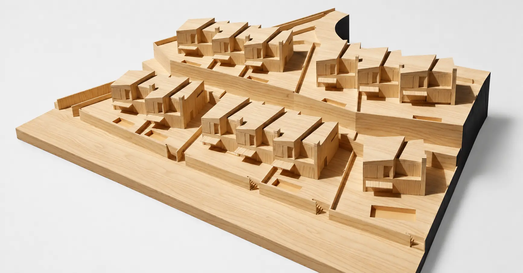 Maqueta volumétrica de madera que muestra la disposición escalonada de las trece viviendas sobre la parcela