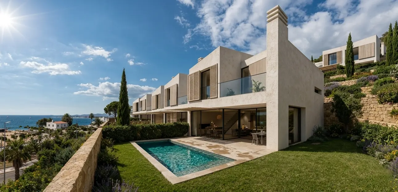 Vista de las viviendas adosadas escalonadas con terrazas, jardines, piscina y el mar al fondo en Cambrils