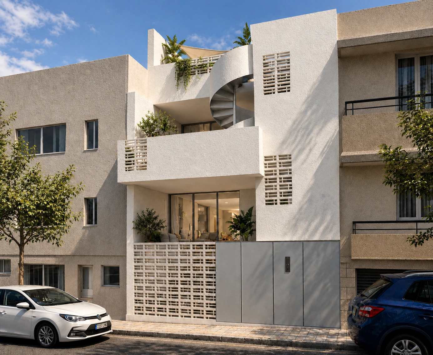 Visualización diurna del edificio de dos viviendas y almacén en El Cotillo
