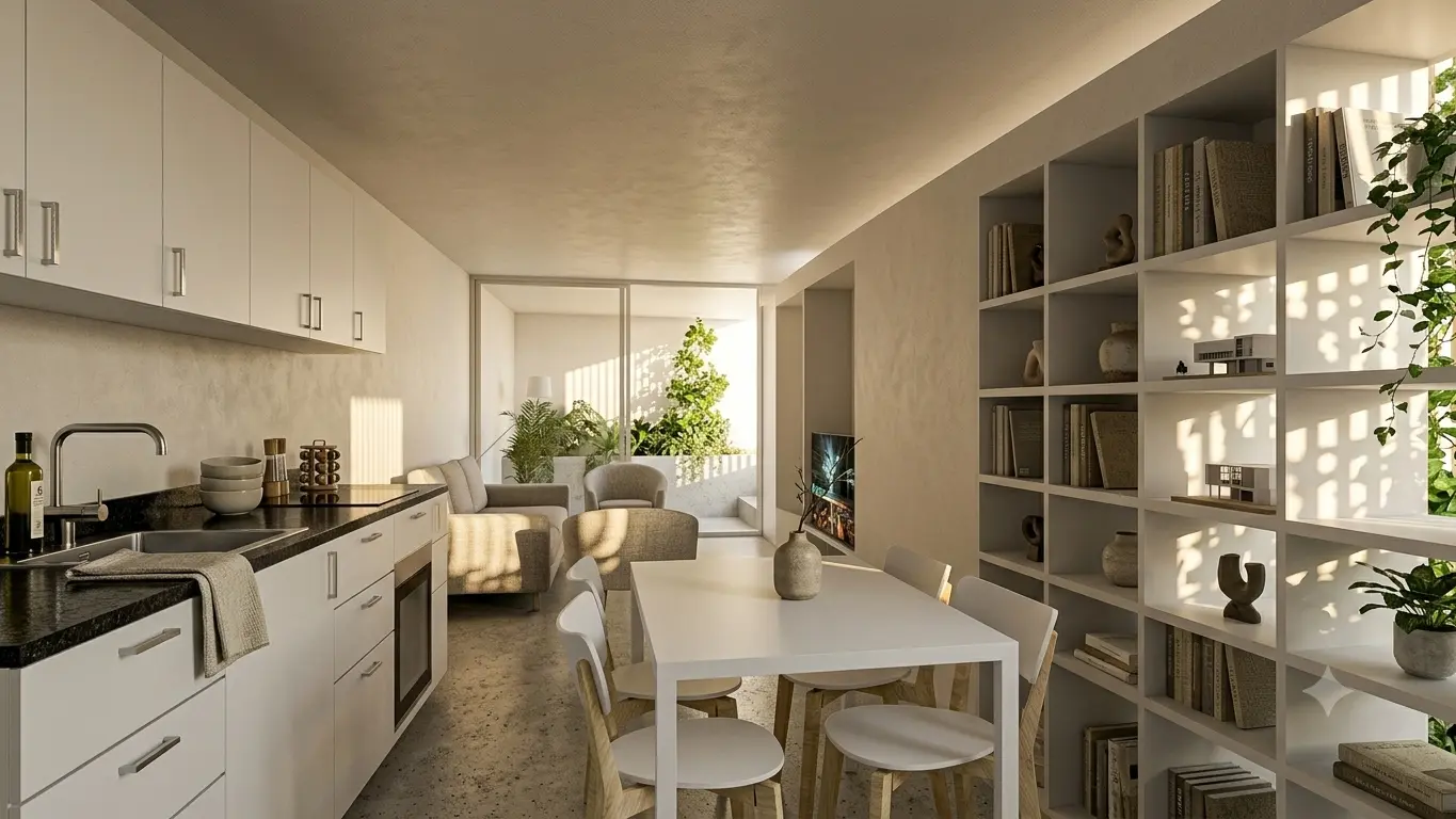 Visualización interior de la cocina, el comedor y la sala de estar de una vivienda