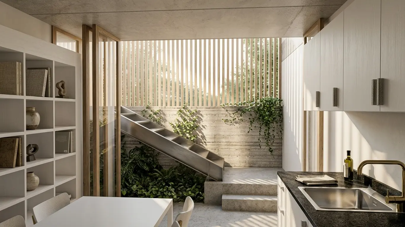 Visualización de la cocina y el patio interior con escalera y luz filtrada