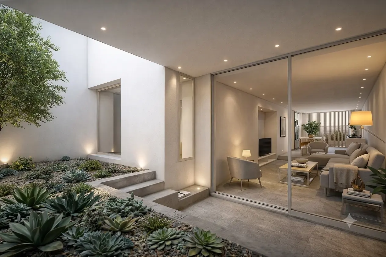Visualización de la relación entre la sala de estar y el patio ajardinado