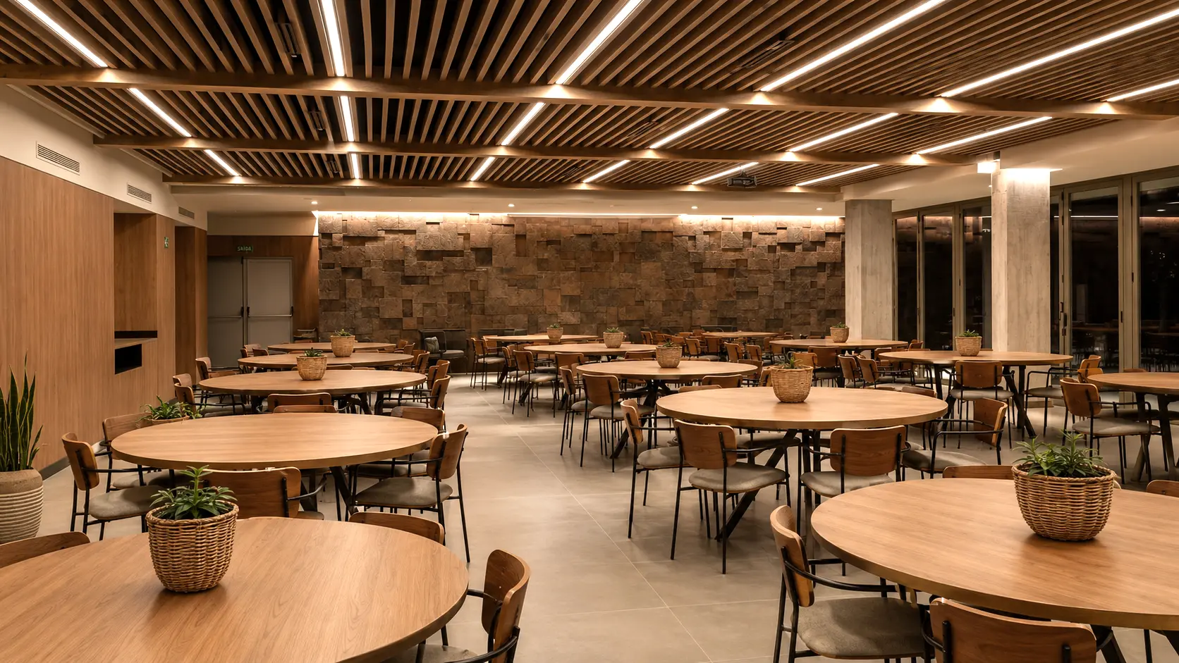Interior del restaurante del hotel con mesas, vegetación y grandes huecos acristalados