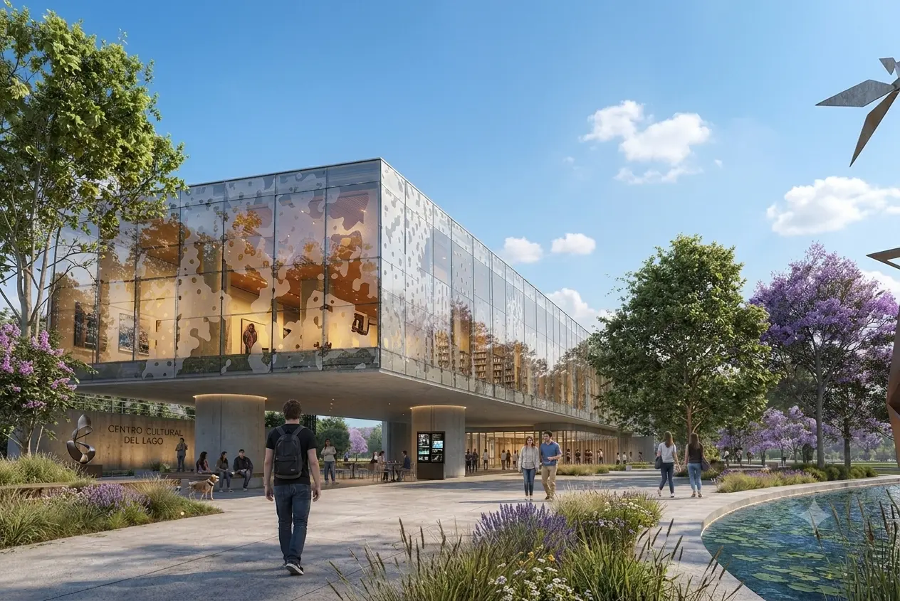 Centro cultural acristalado abierto hacia una plaza y un parque junto al agua