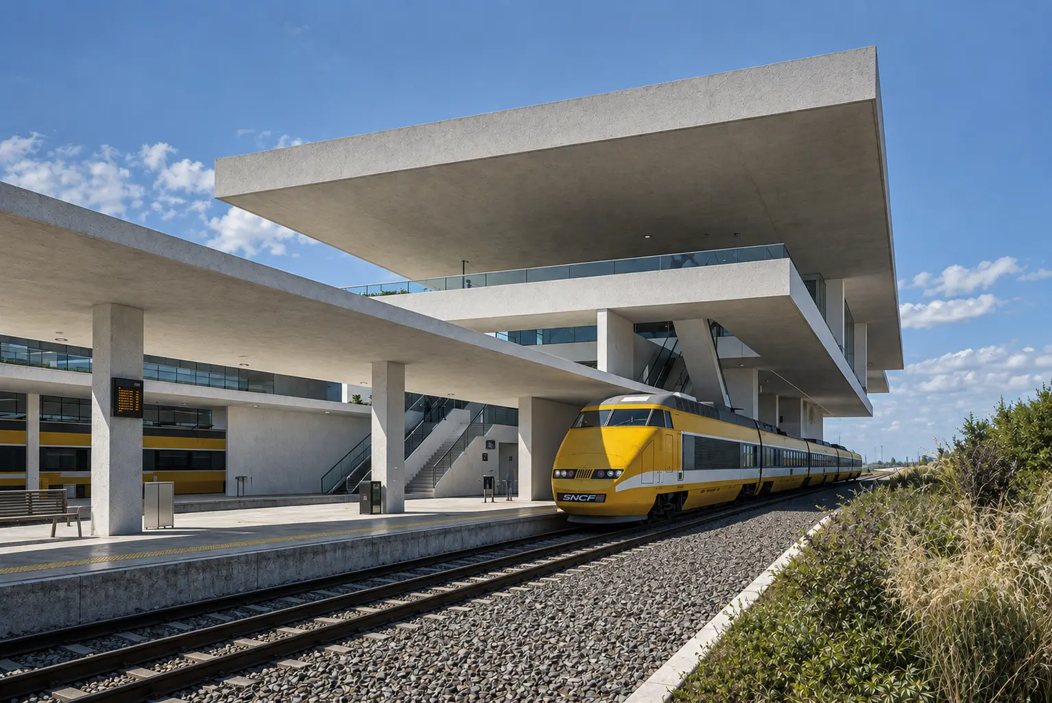 Estación ferroviaria con tren amarillo y gran marquesina de hormigón
