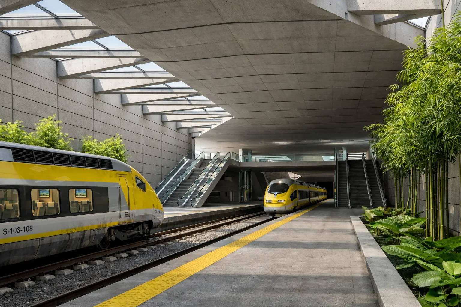 Interior de una estación ferroviaria con trenes amarillos, lucernarios y vegetación