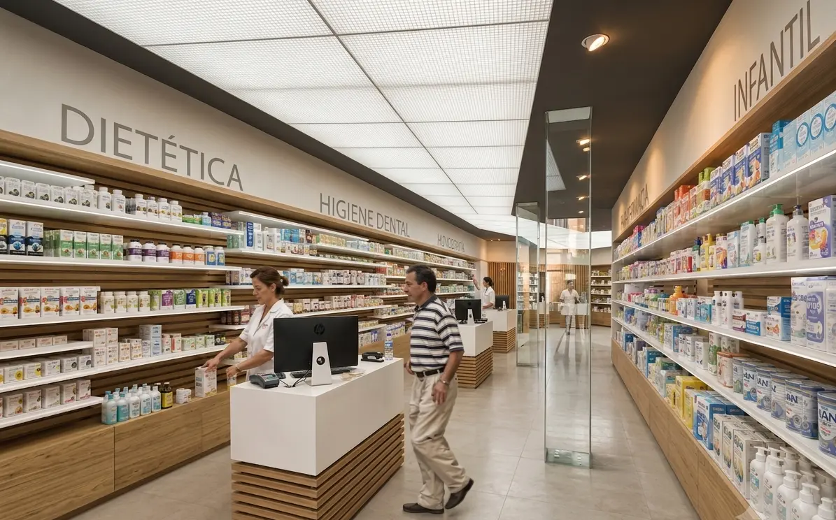 Interior comercial con mostrador central y estanterías perimetrales de producto