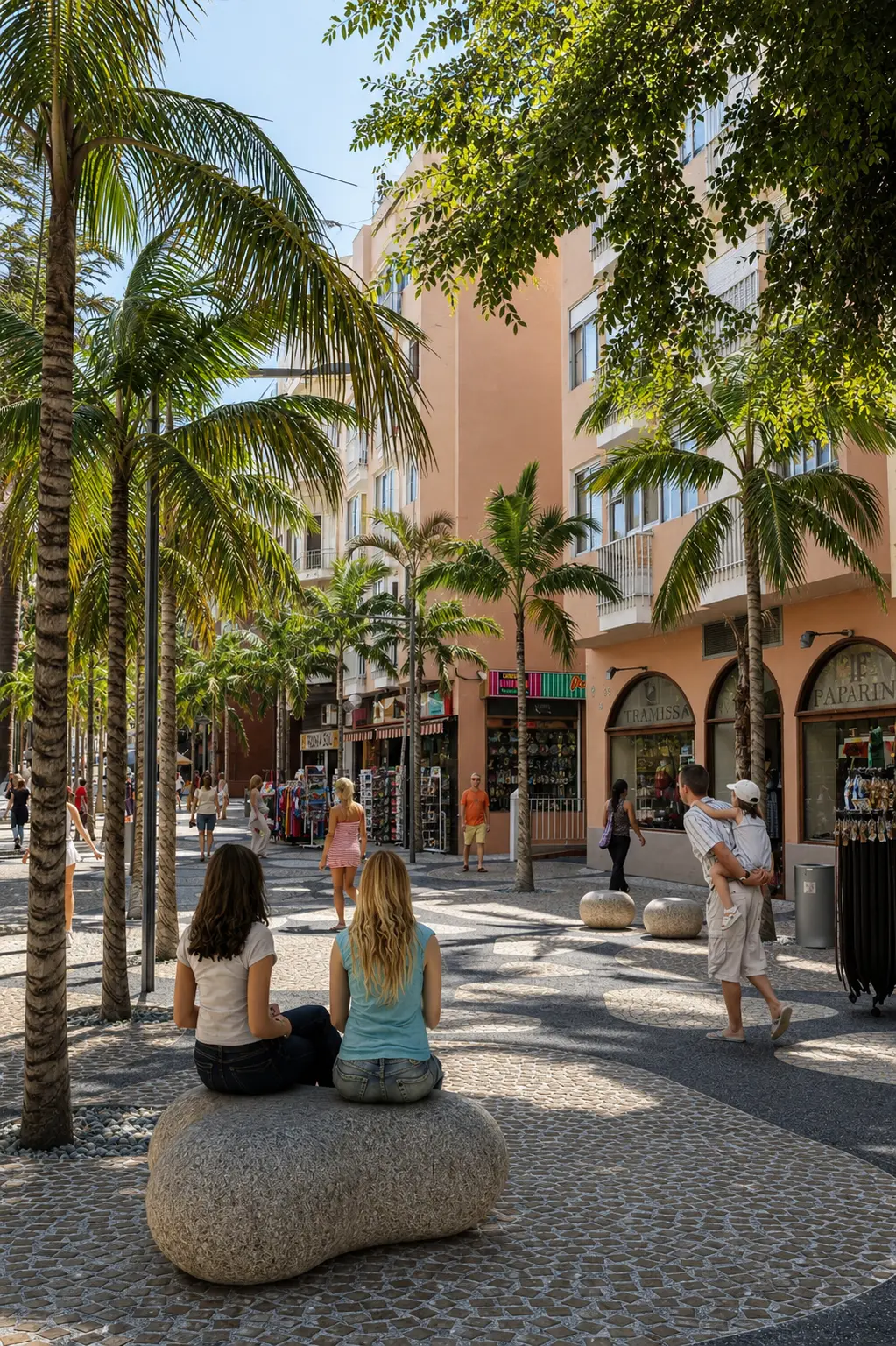 Calle peatonal con palmeras, bancos pétreos y comercios