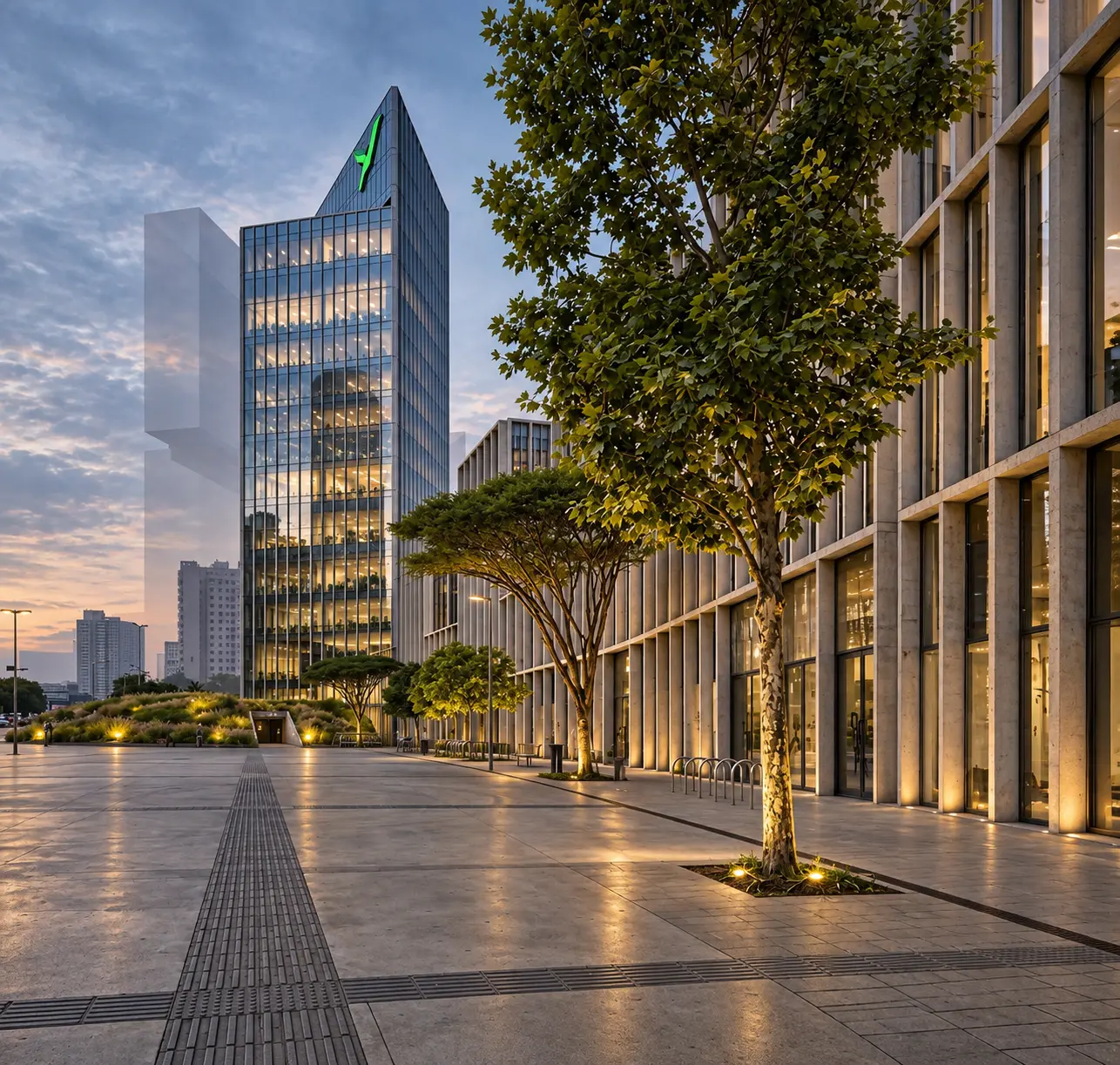 Torre acristalada de oficinas y plaza pública al atardecer
