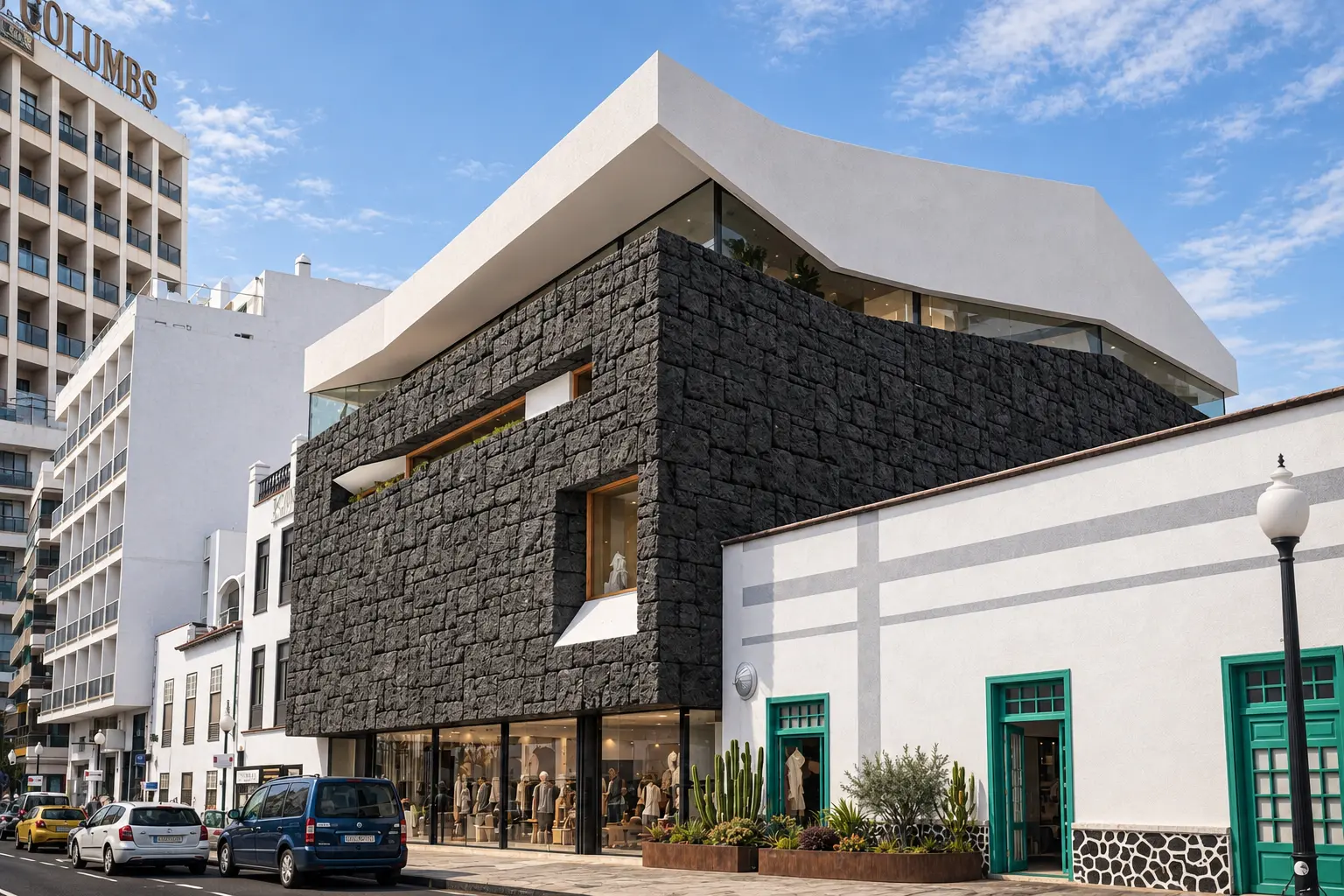 Edificio urbano con basamento de piedra volcánica y volumen superior blanco