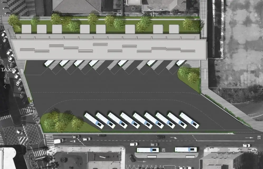 Planta de detalle de la plataforma de maniobras, las dársenas, los taxis y la marquesina