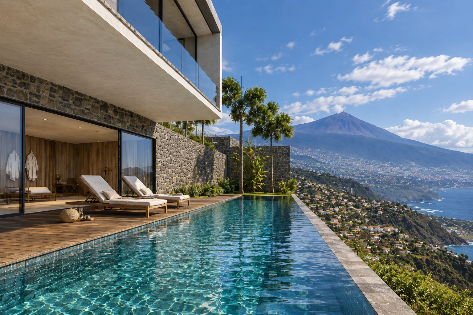Piscina desbordante de la vivienda proyectada en El Sauzal con vistas al valle, al mar y al Teide