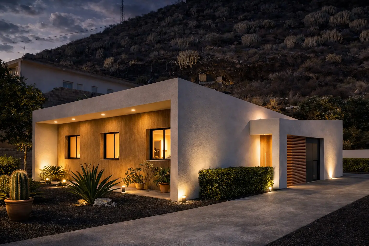 Visualización exterior nocturna de la vivienda unifamiliar en Tahodio con iluminación cálida