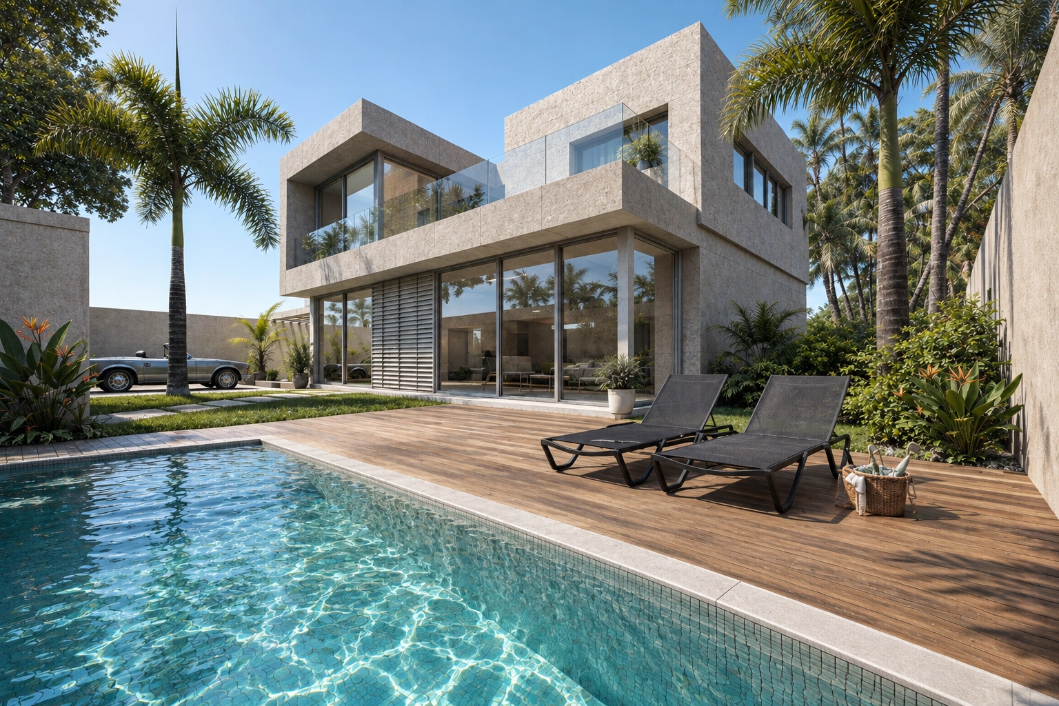 Vista exterior diurna de Villa AA, con la piscina y el jardín en primer plano