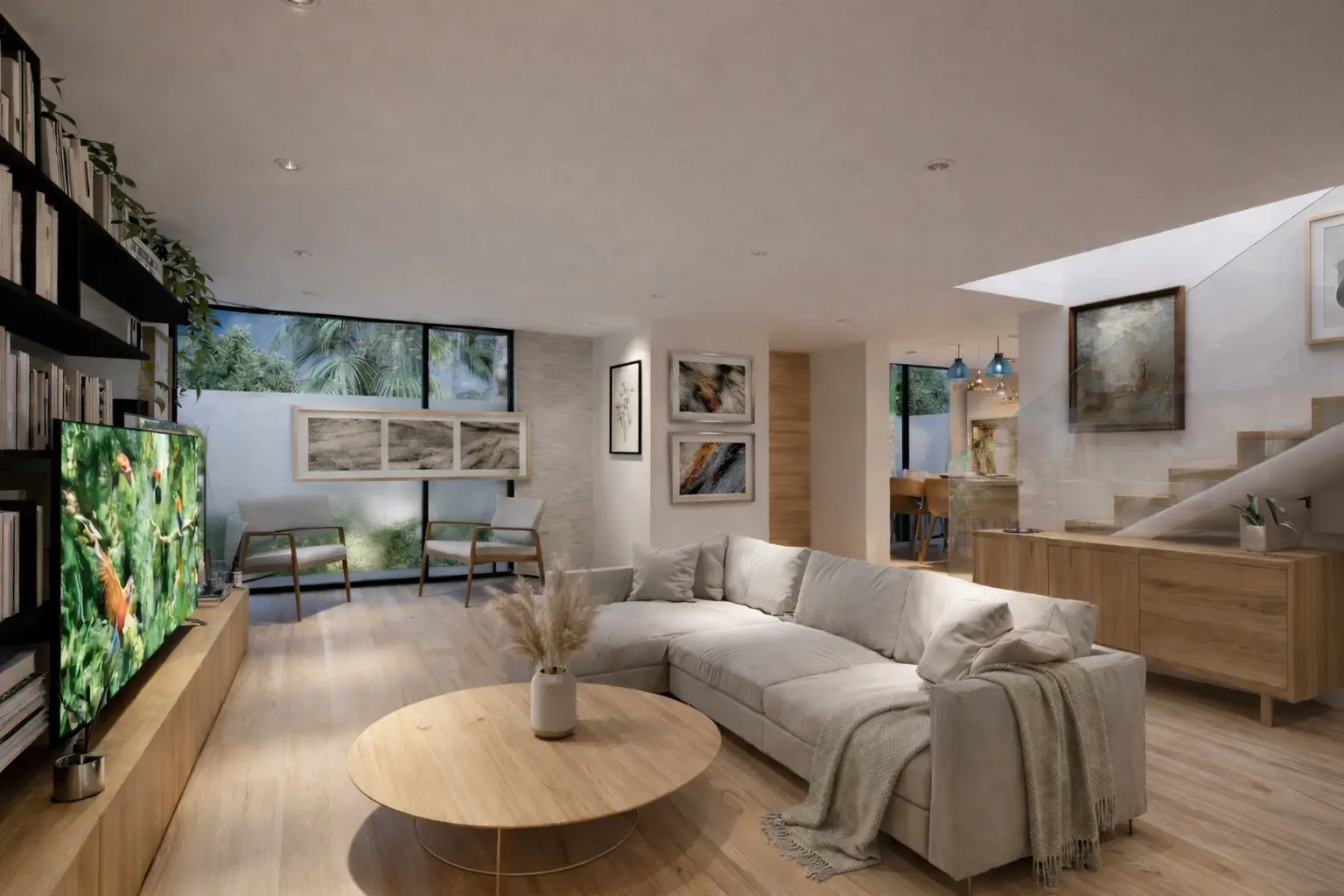 Interior del salón de Villa AA, abierto hacia el jardín y conectado con la escalera