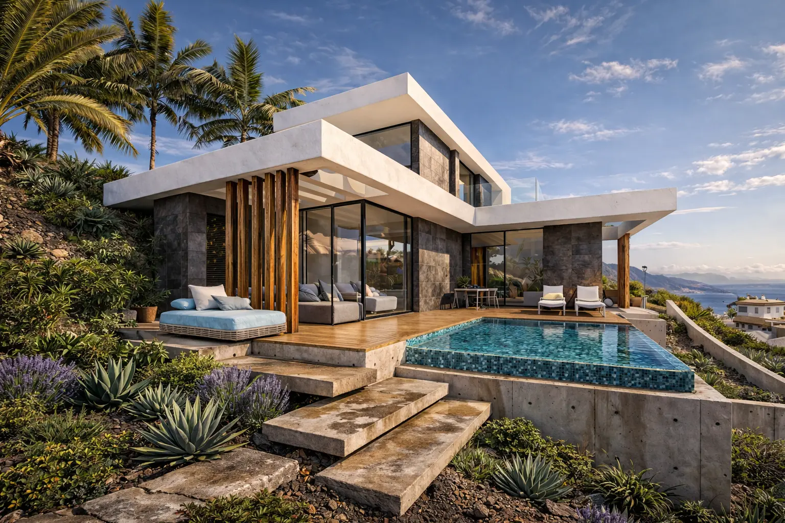 Vista exterior de Villa Araya con terraza, piscina y paisaje de Candelaria