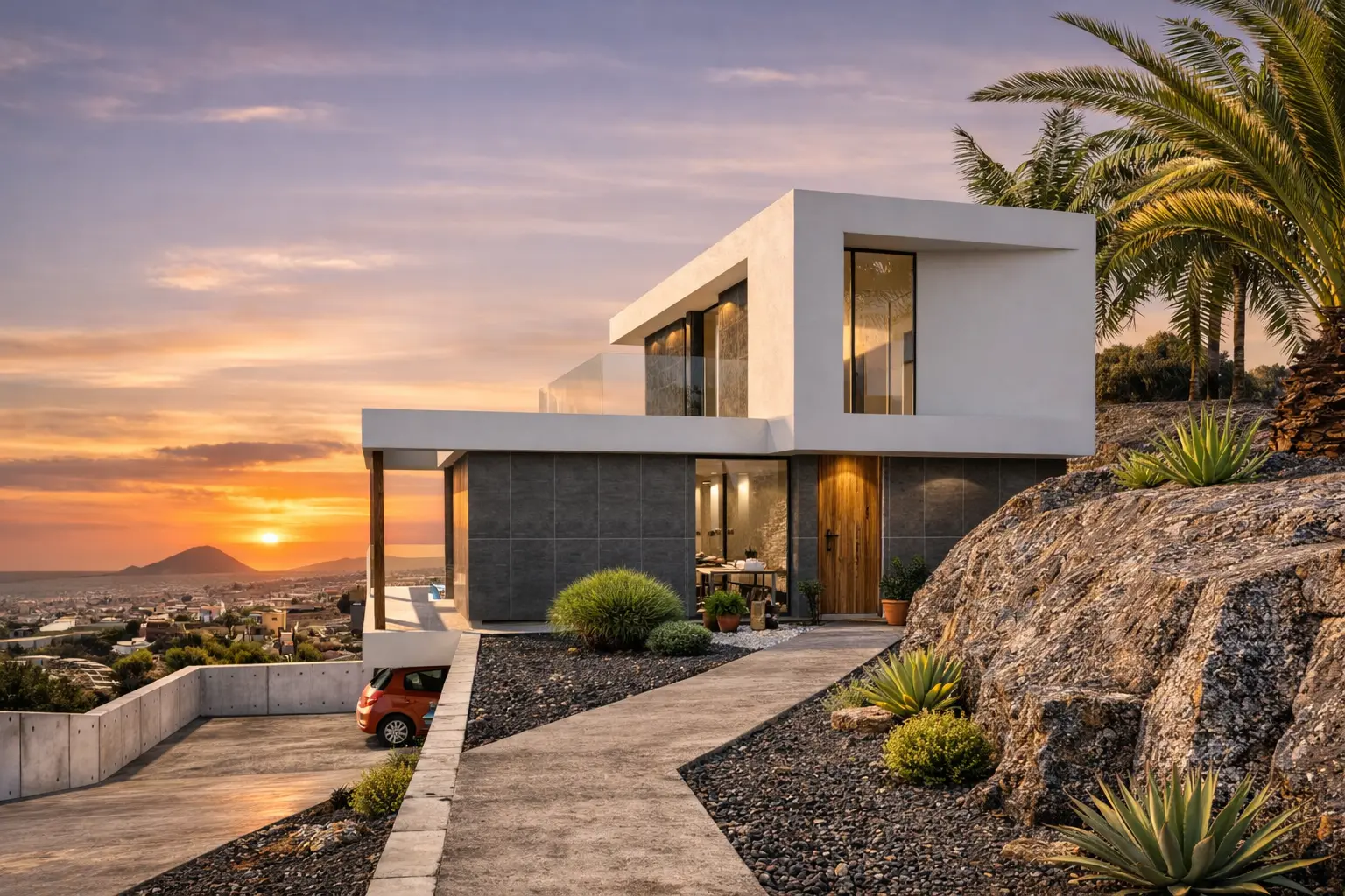 Villa Araya escalonada sobre la pendiente, con vistas hacia la bahía de Candelaria