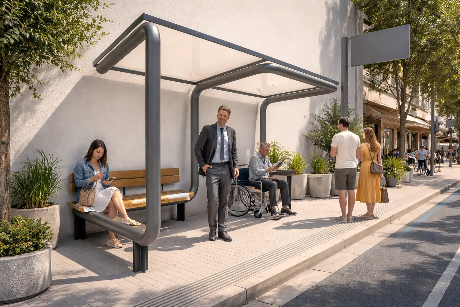 Visualización de la parada de guaguas, el itinerario accesible y el mobiliario urbano