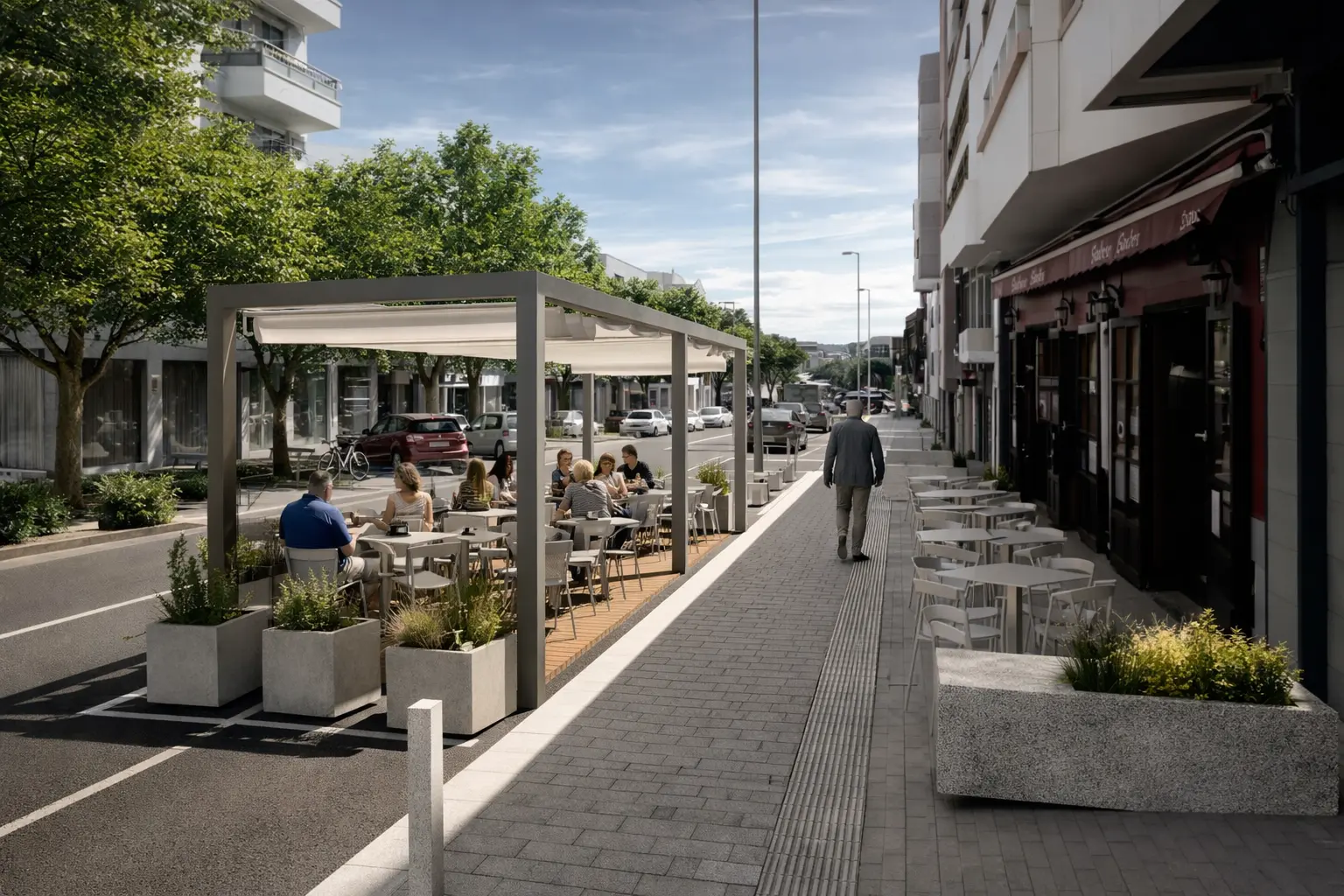 Visualización de una zona de estancia con terraza y recorrido peatonal accesible